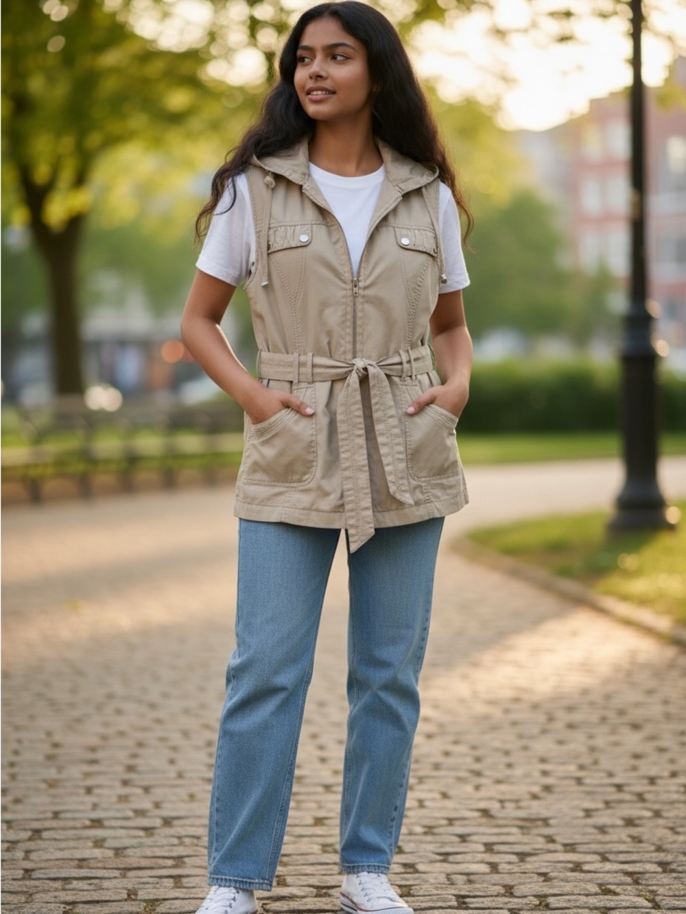 TRIBAL Lightweight Hooded Utility Vest Beige size 8